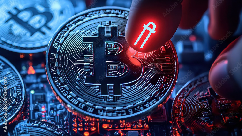 Aufkleber digital currency concept with bitcoin coins and hacking attempt