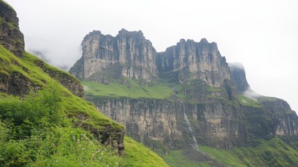 Obraz premium Majestic Mountain Cliffs and Verdant Slopes in Foggy Weather