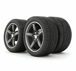 Close-up of Two Sleek Alloy Wheels with Black Tires, a Perfect Blend of Performance and Style, Displayed Against a Pristine White Background.