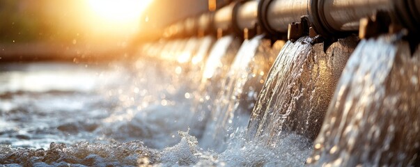 Flowing water cascading from pipes during sunset, showcasing the beauty of nature and human ingenuity in harmony.