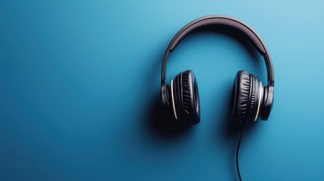 Headphones on a solid blue background with a minimalist design for music and audio related concepts