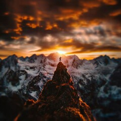 Fototapeta premium Sunset Climber Mountain Peak Adventure Success Freedom