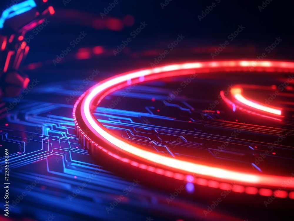 Poster futuristic circuit board design with vibrant neon lights and intricate patterns, showcasing modern t