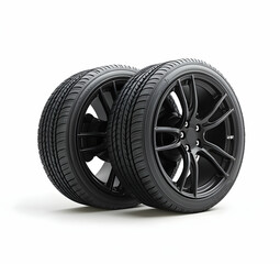 Obraz premium Pair of Black Performance Tires and Alloy Wheels on White Background