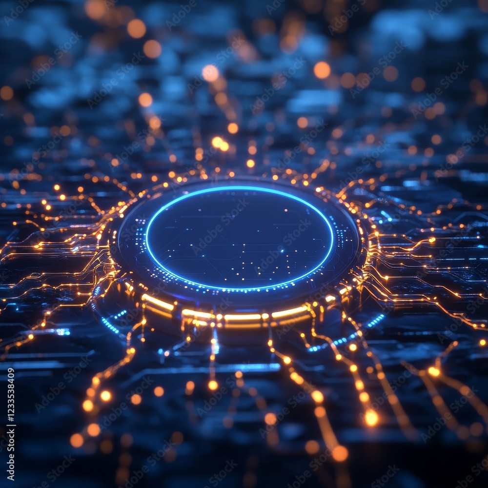 Poster futuristic circuit design with glowing lines and a central illuminated circle, representing advanced
