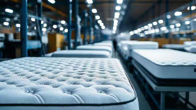 Industrial production machinery process and assembly line for bedding products. Mattresses in a large manufacturing factory	
