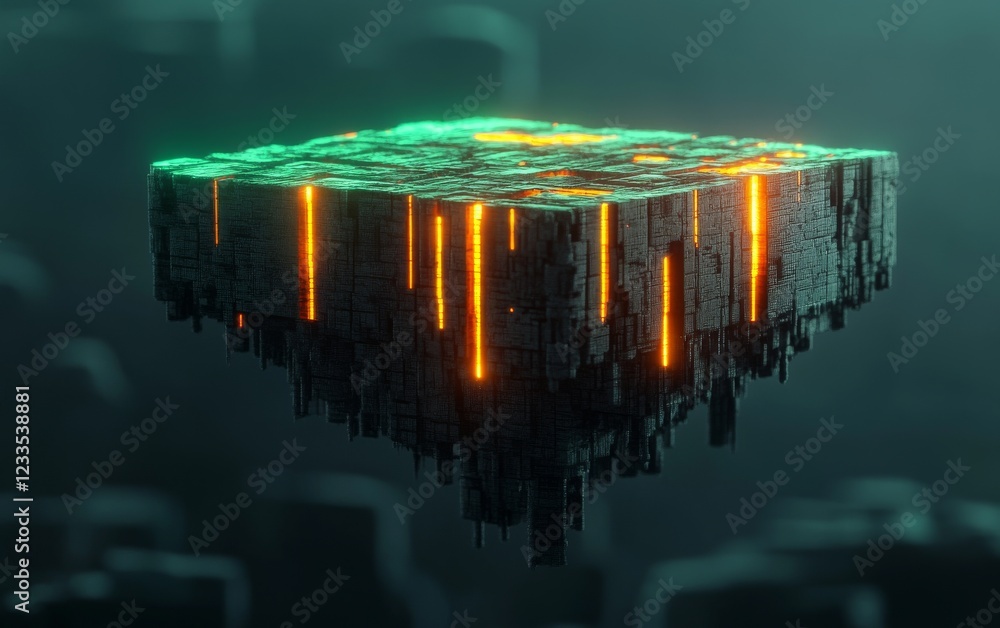Poster futuristic floating structure with glowing edges, representing advanced technology and innovation in
