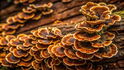 Rich brown fungal growth with irregular shapes and textures on a dark wood or stone surface, earthy tones