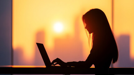 Silhouette of a Woman Working on Laptop Against Vibrant Sunset in Office