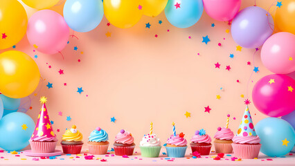 Colorful Birthday Party Scene with Balloons, Cupcakes, and Confetti
