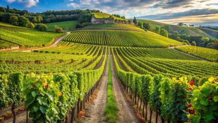 Fototapeta premium Overlooking vineyard with rows of grapevines stretching up a hillside, wine, France