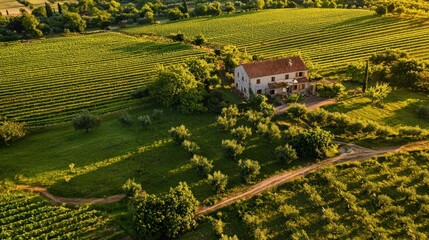 Fototapeta premium Aerial View of a Farmhouse nestled amidst Vineyards during Golden Hour