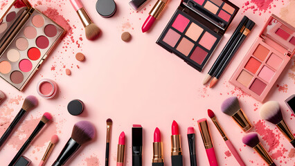 Makeup Products and Brushes on Pink Background: Beauty and Cosmetics
