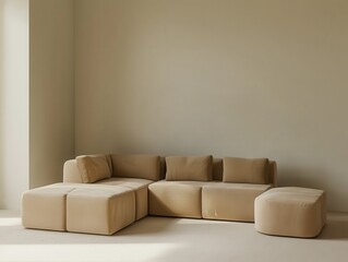 Beige couch positioned in the corner of a modern living room interior design