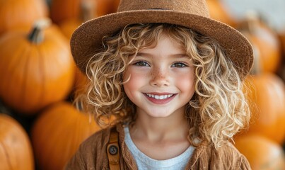 A smiling child with curly hair and a hat stands in front of pumpkins, embodying autumn joy.