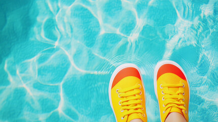 Naklejka premium Close-up of colorful yellow and orange kid sneakers poised over sparkling blue water. Captures a lively, playful, and refreshing summer vibe, emphasizing relaxation, vacation, and outdoor activities