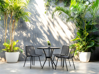 Fototapeta premium Serene Patio Scene: Black Metal Chairs Surround a Small Round Table in a Lush Tropical Garden