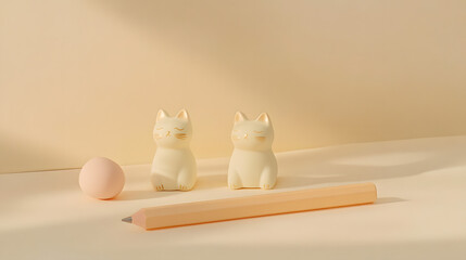 Cat Figurines with Pencil and Eraser on Light-Colored Surface