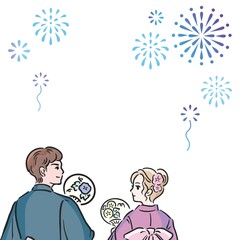 夏　花火　祭り　男性　女性　浴衣　着物　カップル　デート　手描き　和風　フレーム　背景　イラスト素材