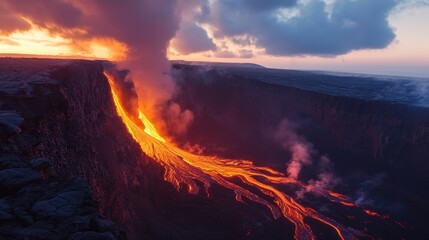 Fototapeta premium A volcanic canyon with sharp, blackened cliffs and red lava flows glowing at the bottom, surrounded by smoke and ash-filled skies.