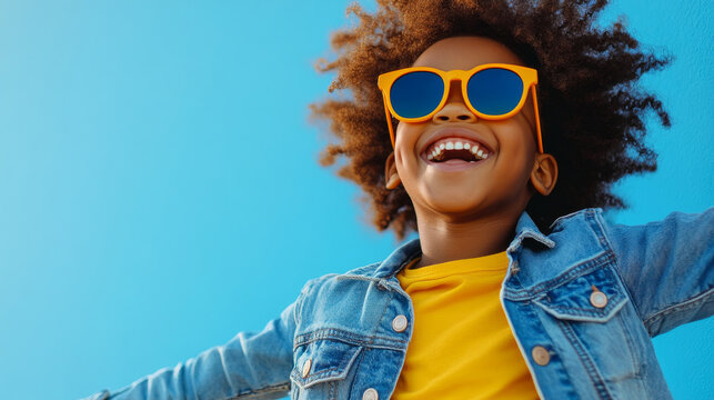 Happy young black afro American kid laughing while wearing yellow sunglasses and a casual outfit, standing against a clear sky background, expressing positivity and energy with joyful vibes.