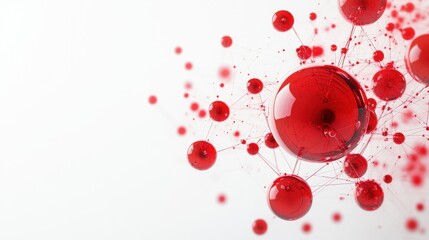 Abstract 3d banner with glass spheres connected by fibers on white. Geometric wallpaper with red molecular plexus mesh with copy space for text. Design concept for modern IT technologies, medicine.