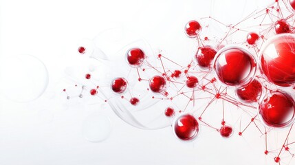 Abstract 3d banner with glass spheres connected by fibers on white. Geometric wallpaper with red molecular plexus mesh with copy space for text. Design concept for modern IT technologies, medicine.