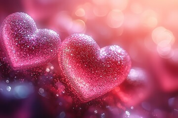 Fototapeta premium Close-up of two sparkling pink hearts, perfect for Valentine's Day.