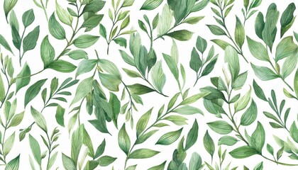Vibrant Watercolor Floral Mural Lush Green Leaves, Delicate Branches Against a Pristine White Backdrop, Showcasing Artistic Expression of Natures Beauty and Serenity