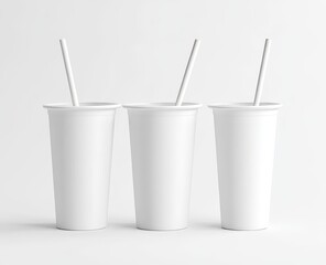 Three blank white paper cups with straws on white background. (3)
