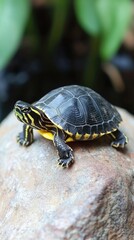Obraz premium Turtle Resting on a Rock in a Natural Habitat Surrounded by Lush Greenery and Water.