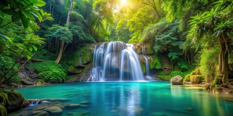 Serene waterfall cascading into a crystal-clear pool amidst an abundance of lush greenery and vibrant foliage in a tranquil forest setting, nature, forest scenery