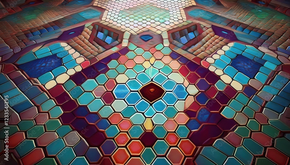Poster intricate mosaic patterns stunning hexagonal tiles comprising a seamless pathway through modern, abs