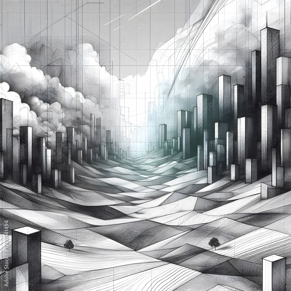Wall mural a digital landscape of shifting geometric forms that begins as a pencil sketch and gradually transit