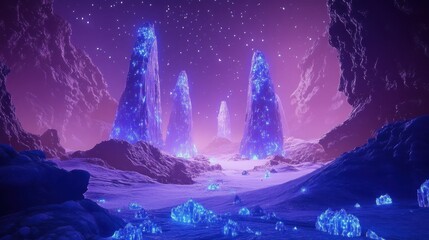 An alien landscape with a futuristic canyon, glowing blue crystals embedded in the walls, and mysterious lights illuminating the depths.
