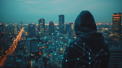 Fototapeta premium Hacker are planning to hack and attack networks and cyber security systems..Smart Innovation city with connection cyber security network reciprocity over the cityscape . future wireless digital city 