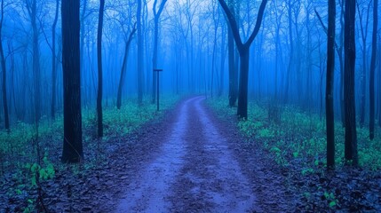 Fototapeta premium Misty Forest Path Winding Through Blue Woods