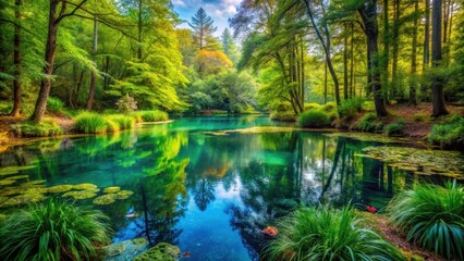 Obraz premium Forest Scene with Vibrant Pond, water, plants, water, plants, trees, wildlife, peaceful, foliage, pond, serene, flowers