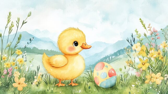 Cute yellow duck with Easter egg in meadow with spring wildflowers. Watercolor cartoon kid`s book illustration. Happy easter concept. Element design with duckling pet anima