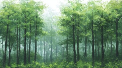 Fototapeta premium Misty Green Forest Scene Tranquil Nature Painting