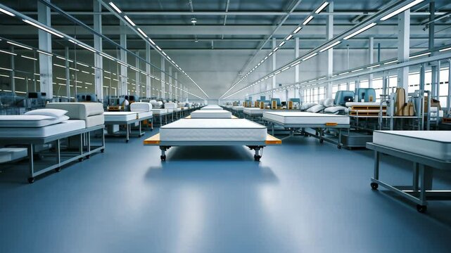 Industrial production machinery process and assembly line for bedding products. Mattresses in a large manufacturing factory	
