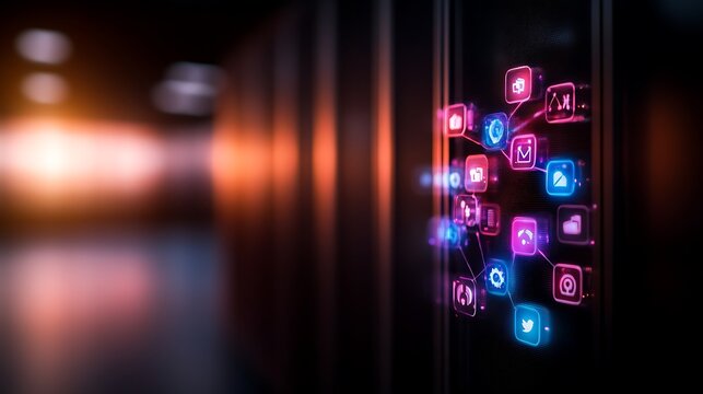 Colorful digital icons representing social media interactions on a server background - Powered by Adobe