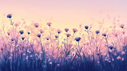 Naklejka premium Illustration of a flower meadow in pastel colors. Nature landscape with fresh grass and wildflowers on blurred background at sunset sky. Sunny spring time, summer or autumn field backdrop.