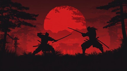 2 samurai silhouette fighting, dark red background