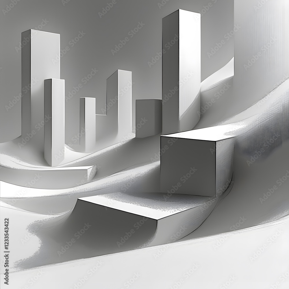 Wall mural a digital landscape of shifting geometric forms that begins as a pencil sketch and gradually transit