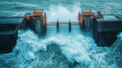 A tidal power plant in operation, waves crashing on the structure 