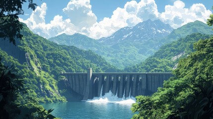 A hydroelectric dam generating clean energy, surrounded by lush green mountains 