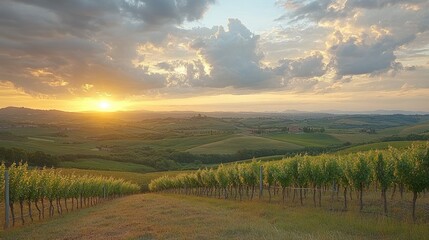 Obraz premium Tuscan Sunset: Golden Hour over Rolling Hills and Vineyards