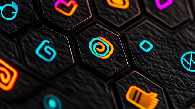 Colorful hexagonal icons illuminated on a textured surface, showcasing digital interaction elements - Powered by Adobe
