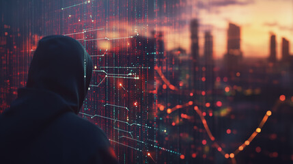 Fototapeta premium Hacker are planning to hack and attack networks and cyber security systems..Smart Innovation city with connection cyber security network reciprocity over the cityscape . future wireless digital city 